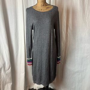 Boden Sweater Dress Wool Blend Gray Rainbow Cuff Size 12 Midi Long Sleeve